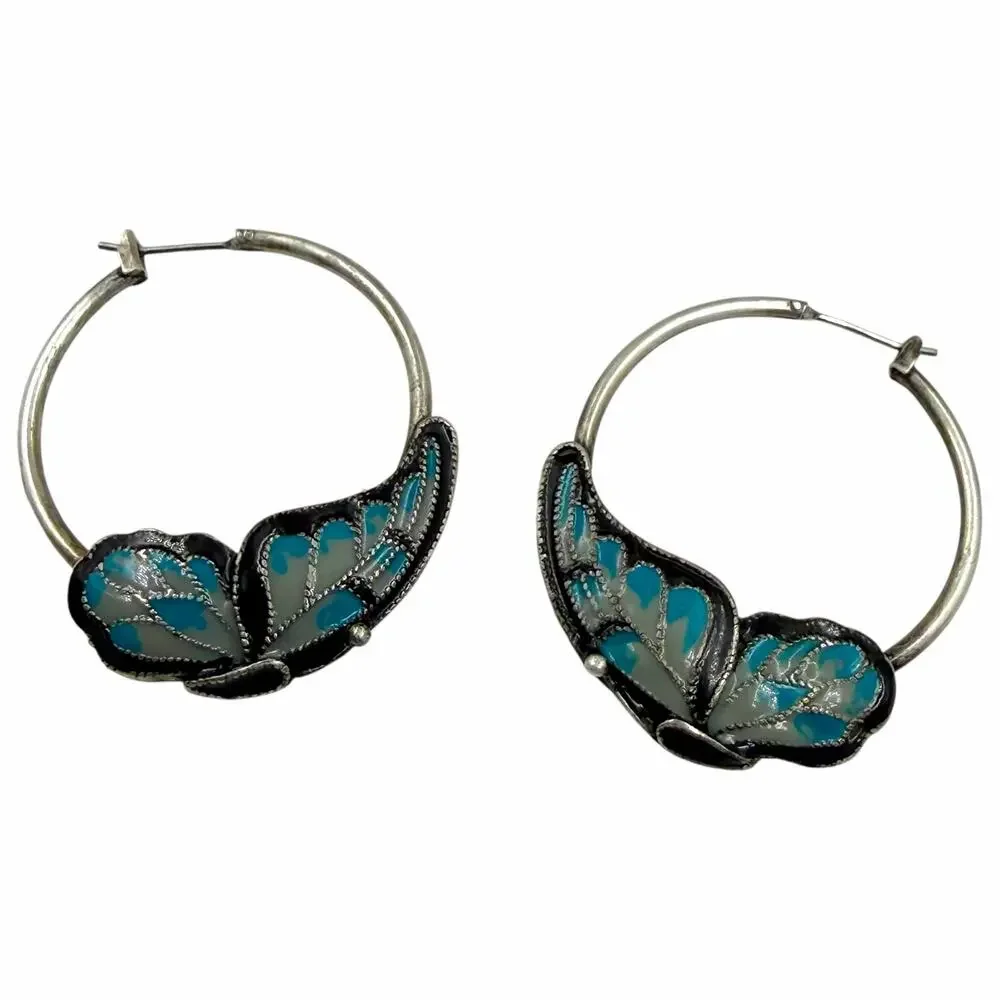 Vintage Sterling Silver Cloisonne Enamel Butterfly Hoop Earrings Blue Gray 1.5